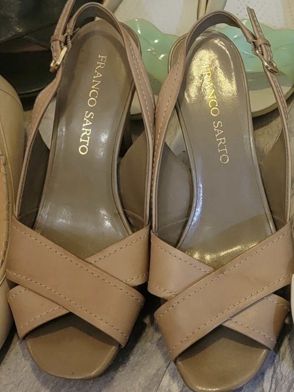 Franco Sarto Nude Tan Cross-Front Slingback Heels